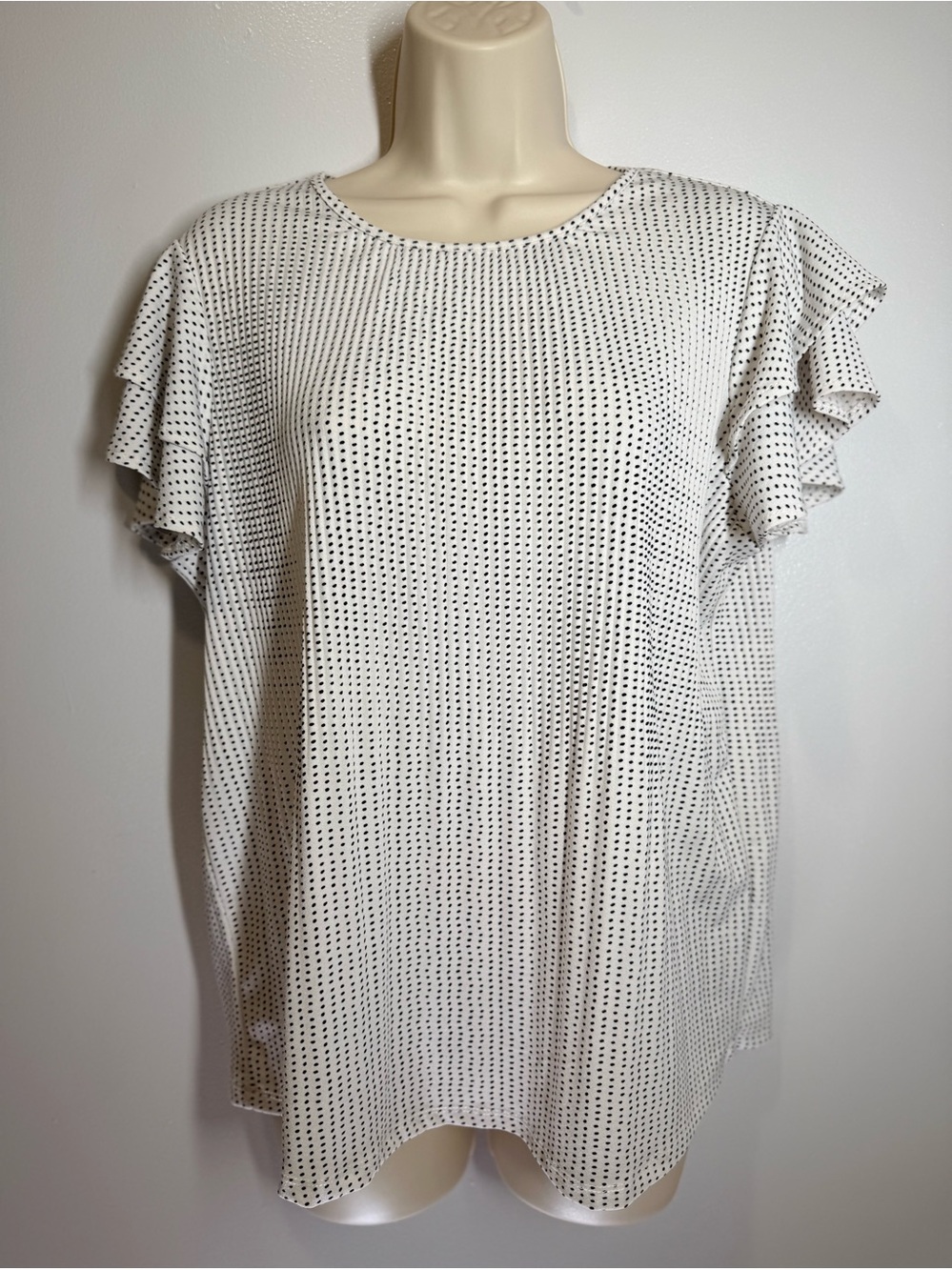 Adrianna Papell White Top with Black Dot Print and Ruffle Sleeves